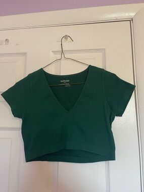 Garage Women's Dark Green Ribbed V-Neck Crop Top
